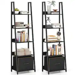Costway - 2 Pcs Ladder Bookshelf, Modern Freestanding Bookcase with Removable Fabric Drawer - Black