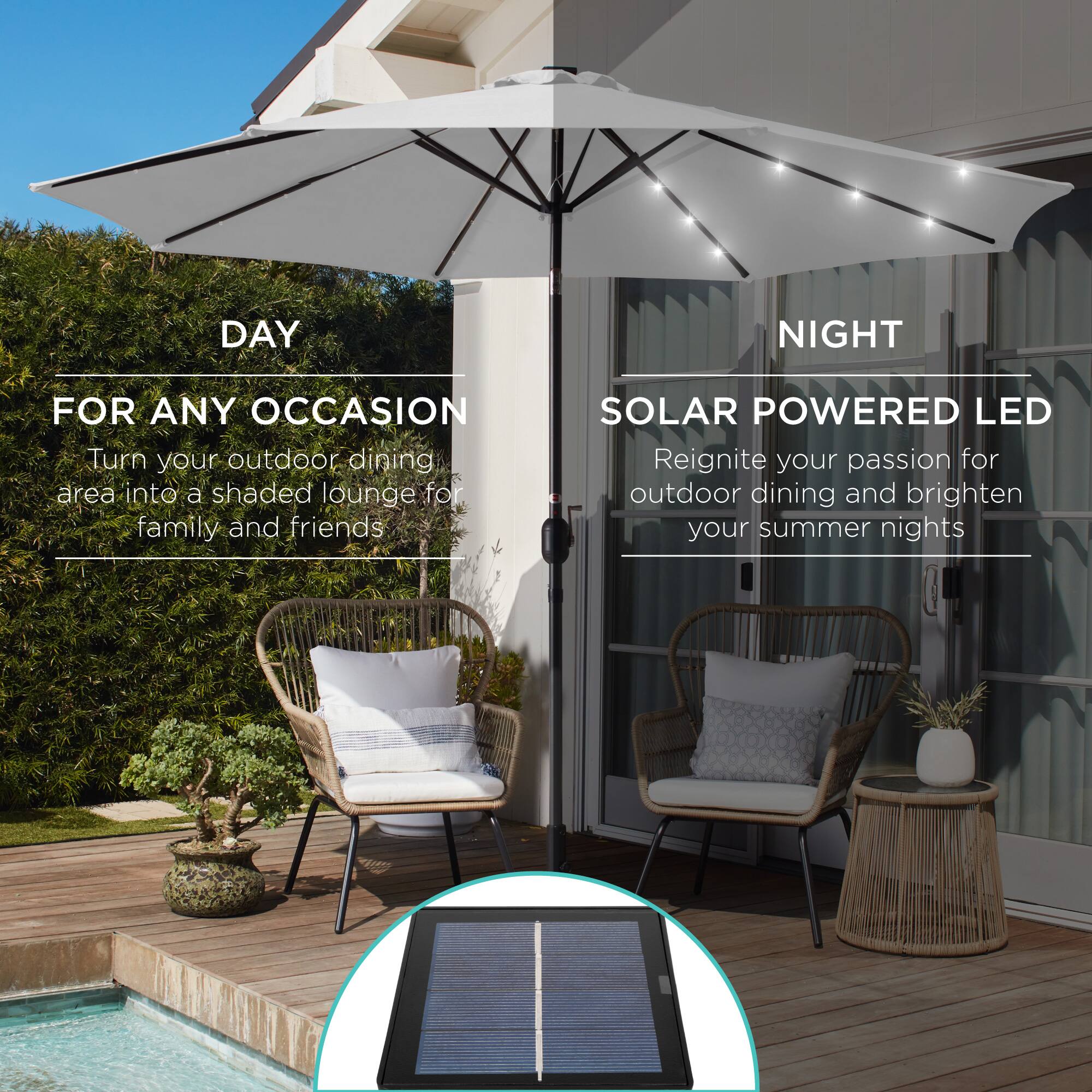 **DAY**

FOR ANY OCCASION

Turn your outdoor dining area into a shaded lounge for family and friends

**NIGHT**

SOLAR POWERED LED

Reignite your passion for outdoor dining and brighten your summer nights