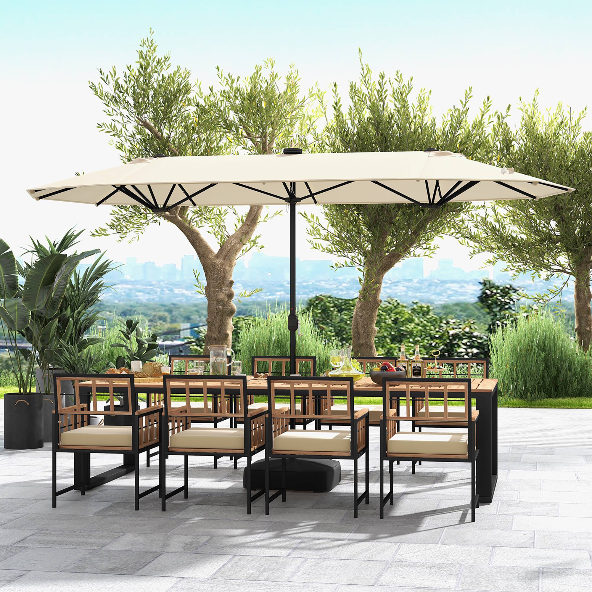 Alt View 3. Gymax - Gymax 13FT Double-sided Patio Umbrella w/ Solar Lights Crank Handle Umbrella Base Beige - Beige.