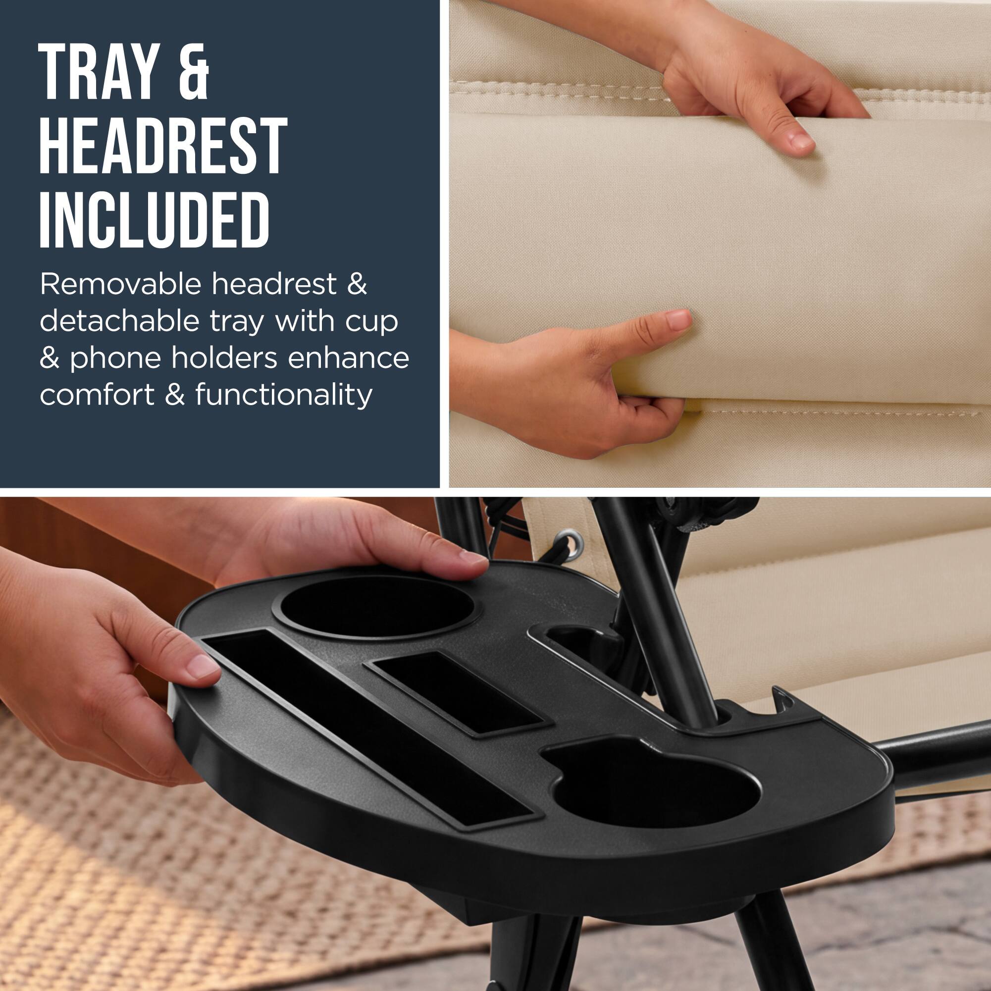 TRAY & HEADREST INCLUDED

Removable headrest & detachable tray with cup & phone holders enhance comfort & functionality