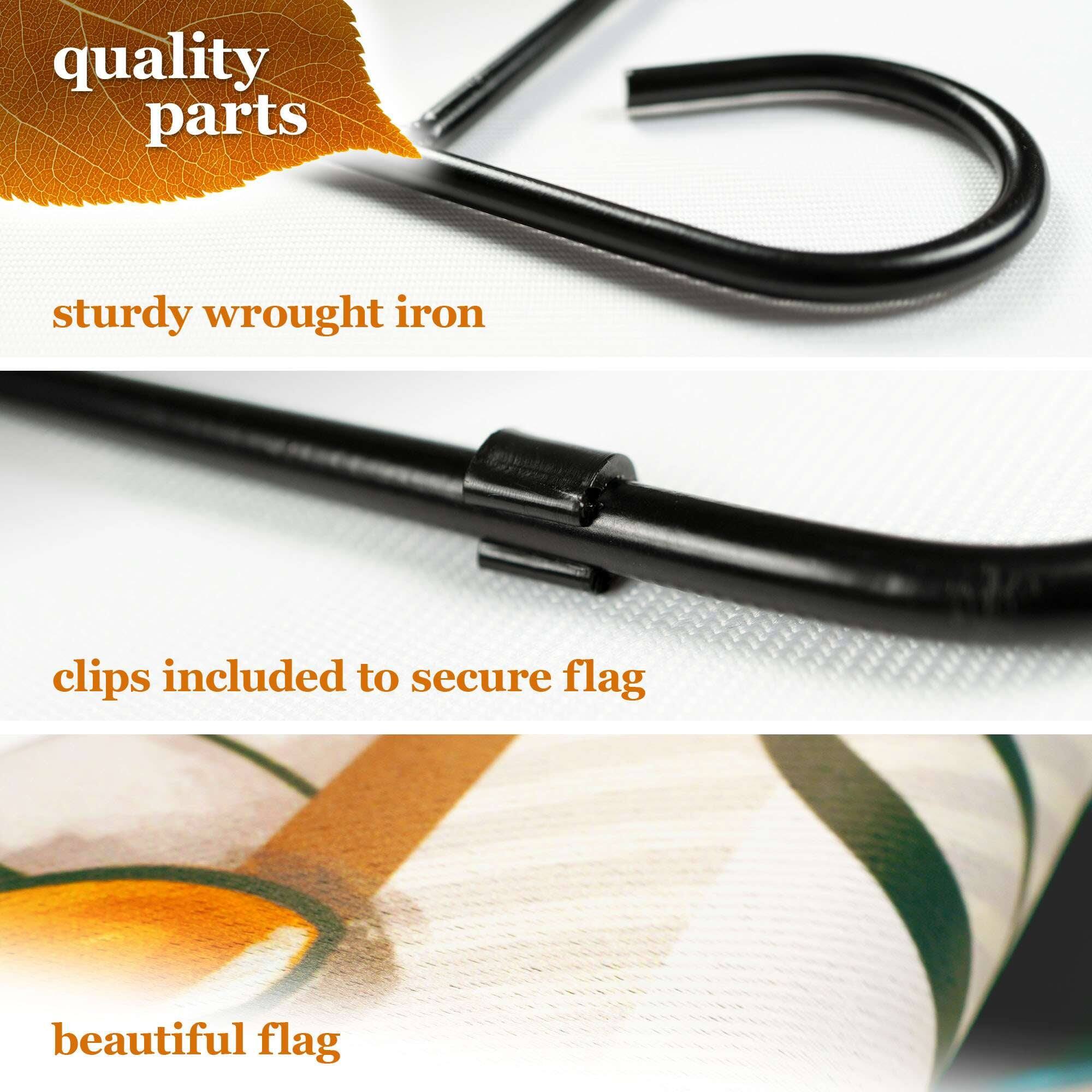 quality parts  
sturdy wrought iron  
clips included to secure flag  
beautiful flag