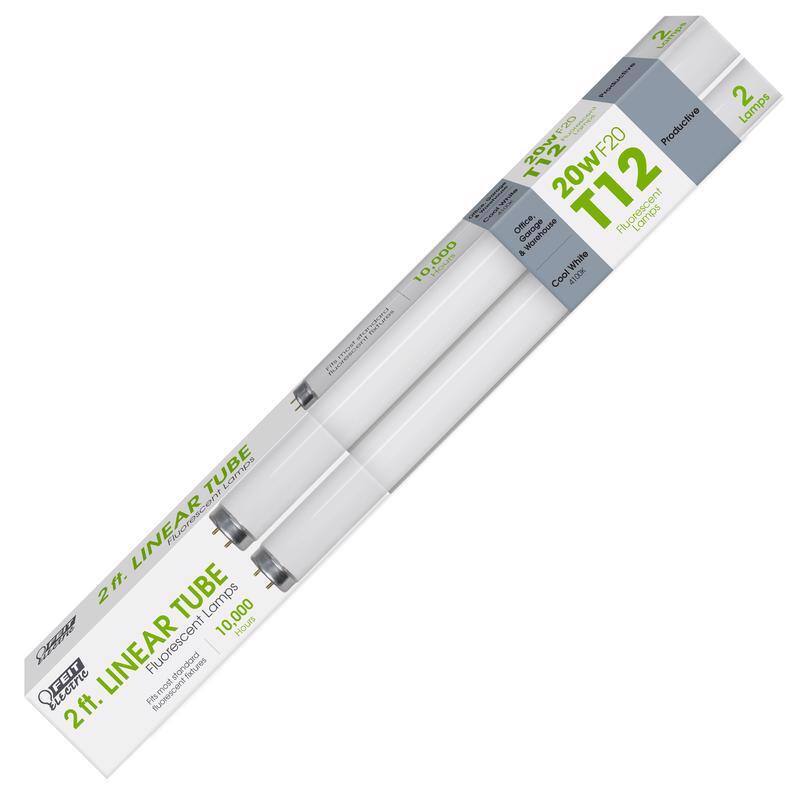 2 ft. LINEAR TUBE  
Fluorescent Lamps  
10,000 Hours  
Cool White 4100K  

20W F20 T12  
Productive  
Office, Garage, Workshop  

Fits most standard fixtures
