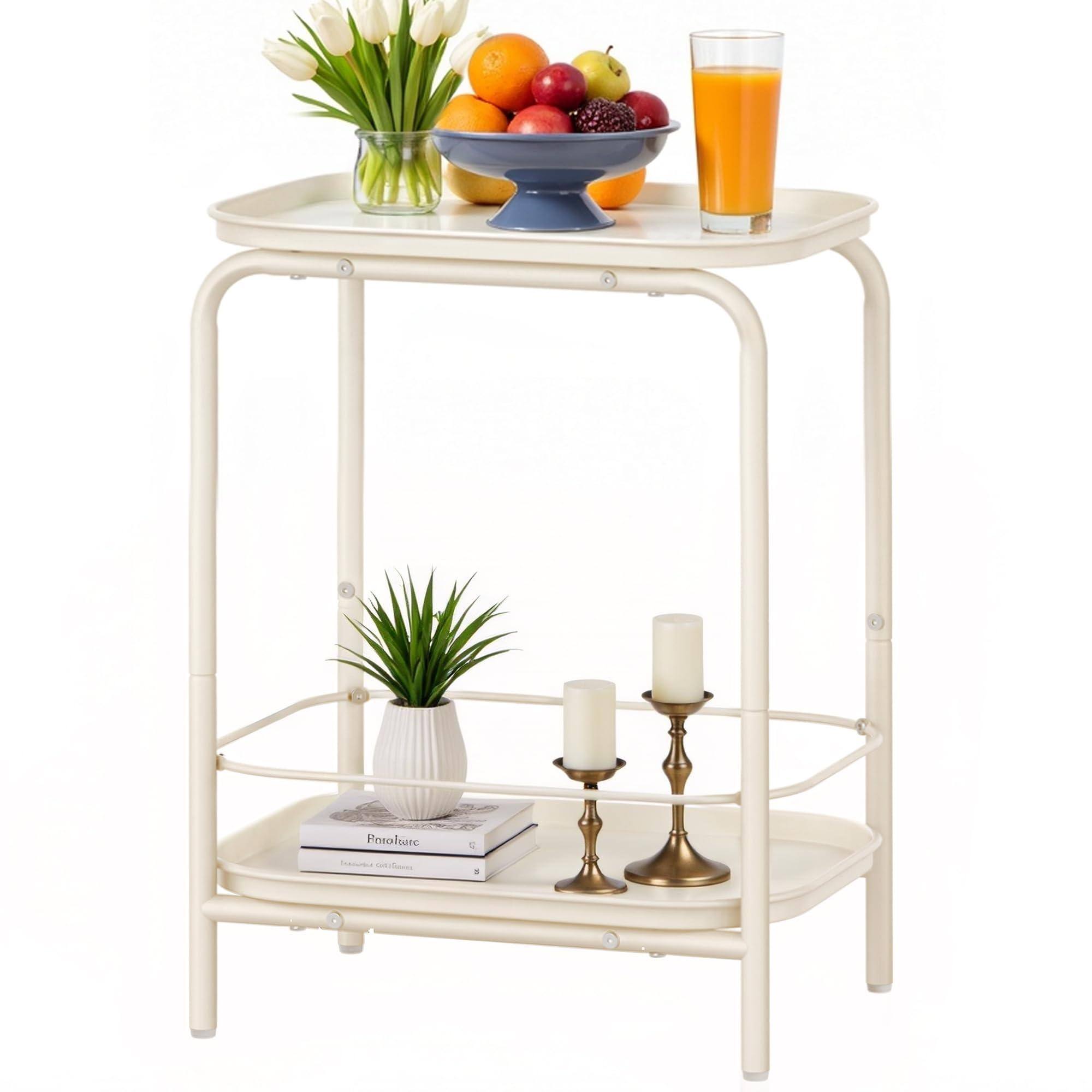 Front. VEGA AUTOMOTIVE - 2-tier Outdoor Table Side End With Tray Storage Bedside Nightstand For Living Room Bedroom Modern Style Cam... - Cream White.