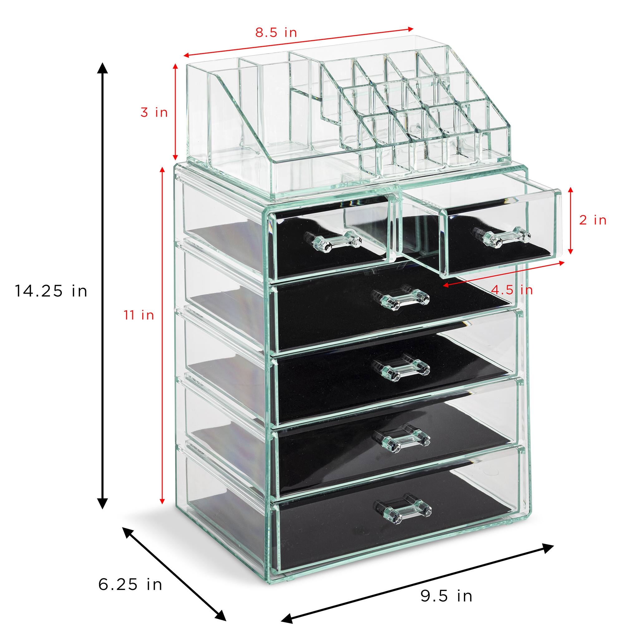 - Height: 14.25 in
- Width: 9.5 in
- Depth: 6.25 in
- Top shelf height: 8.5 in
- Shelf height: 3 in
- Drawer height: 2 in
- Drawer width: 4.5 in