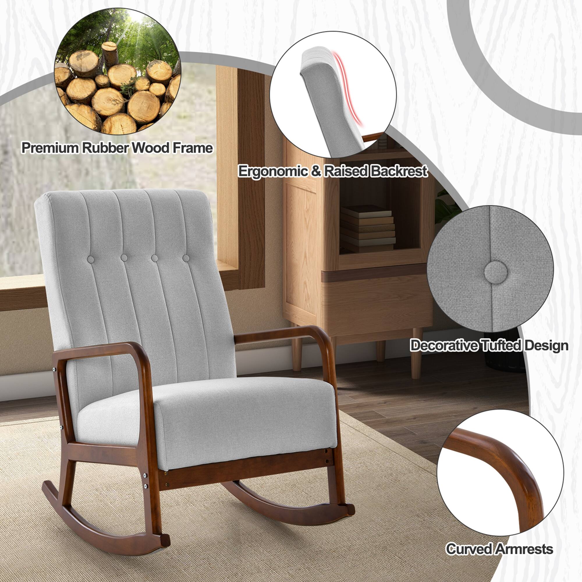 Premium Rubber Wood Frame  
Ergonomic & Raised Backrest  
Decorative Tufted Design  
Curved Armrests