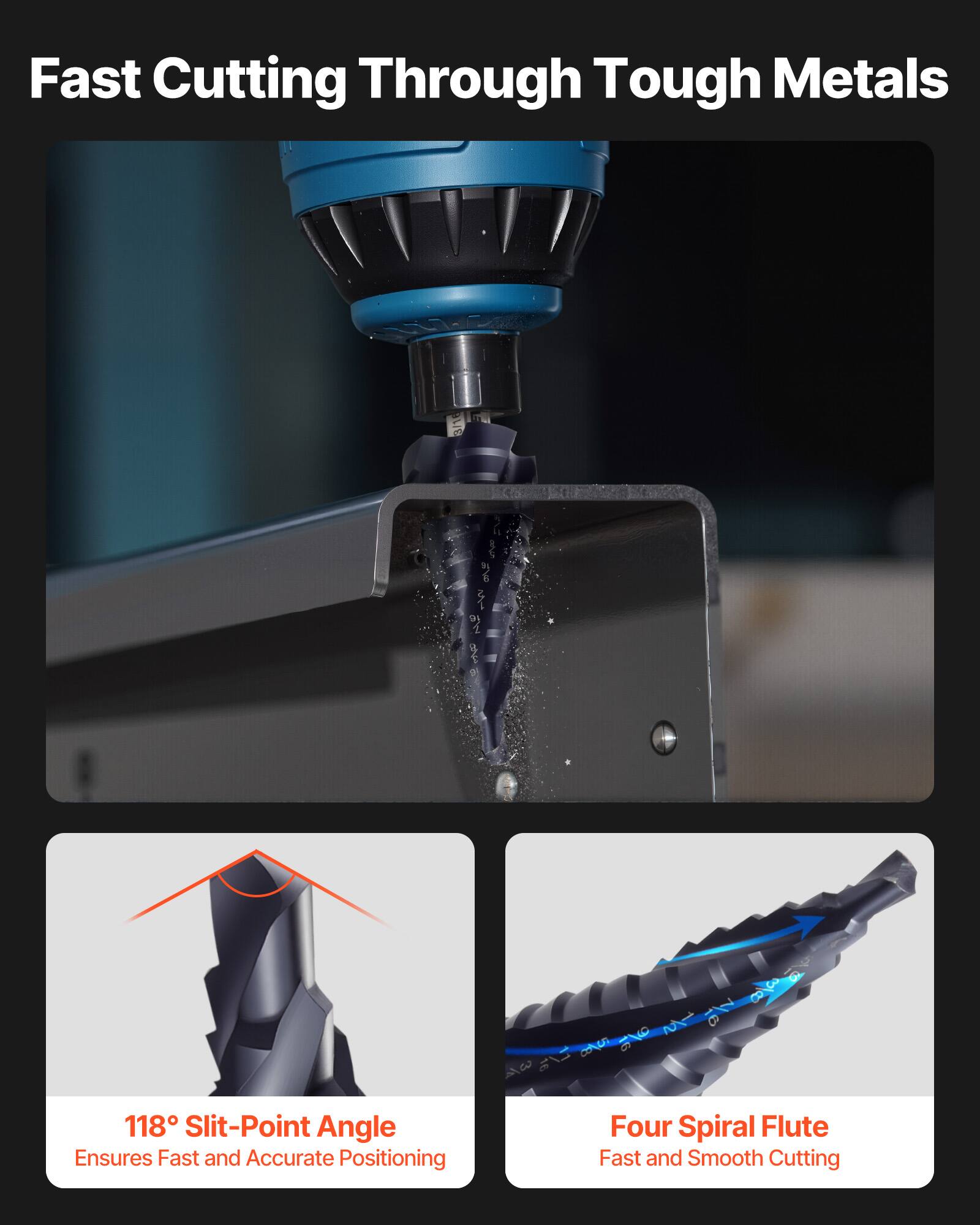 Fast Cutting Through Tough Metals

118° Slit-Point Angle  
Ensures Fast and Accurate Positioning

Four Spiral Flute  
Fast and Smooth Cutting