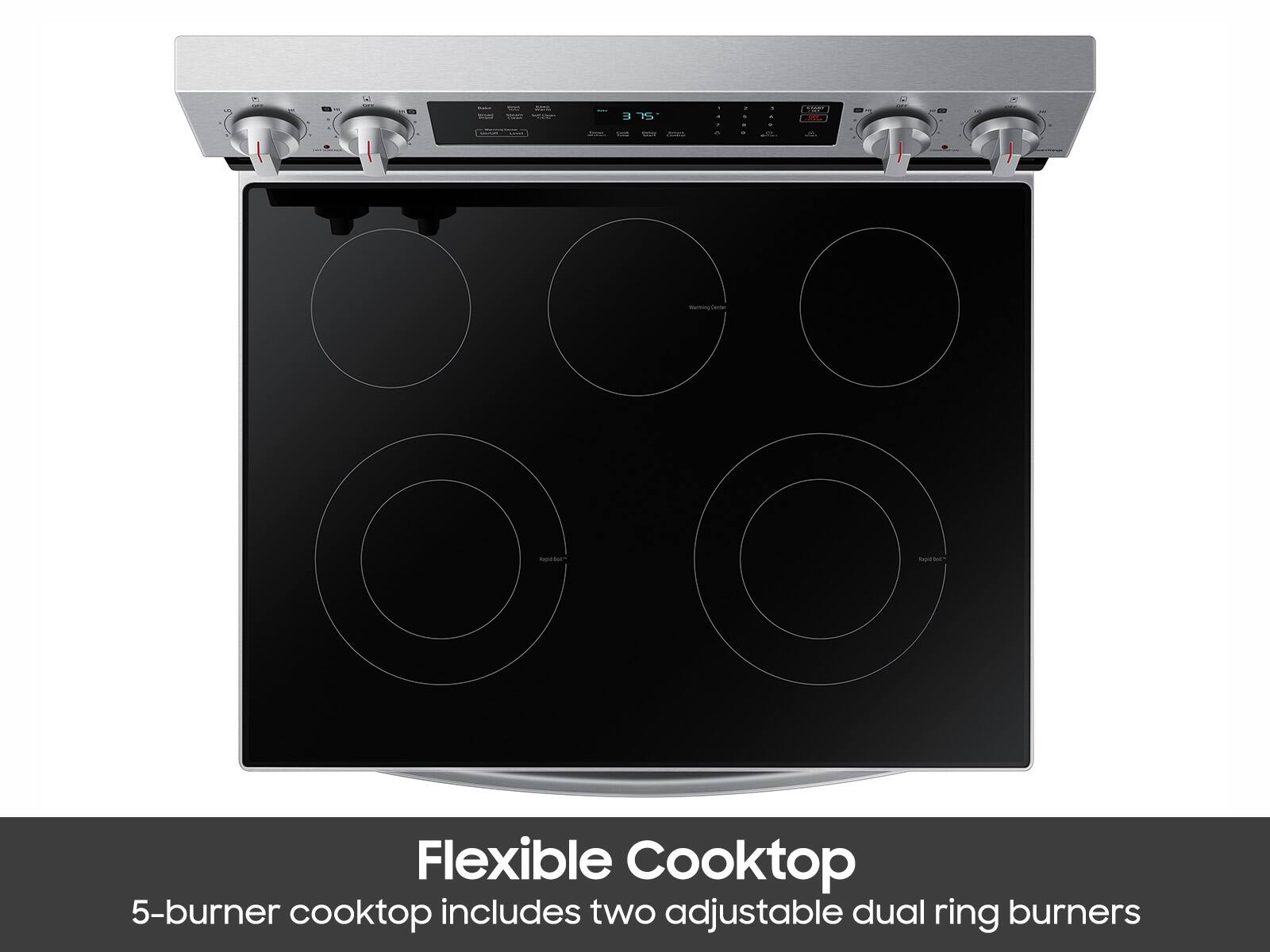 The text on the image reads: "Flexible Cooktop 5-burner cooktop includes two adjustable dual ring burners."