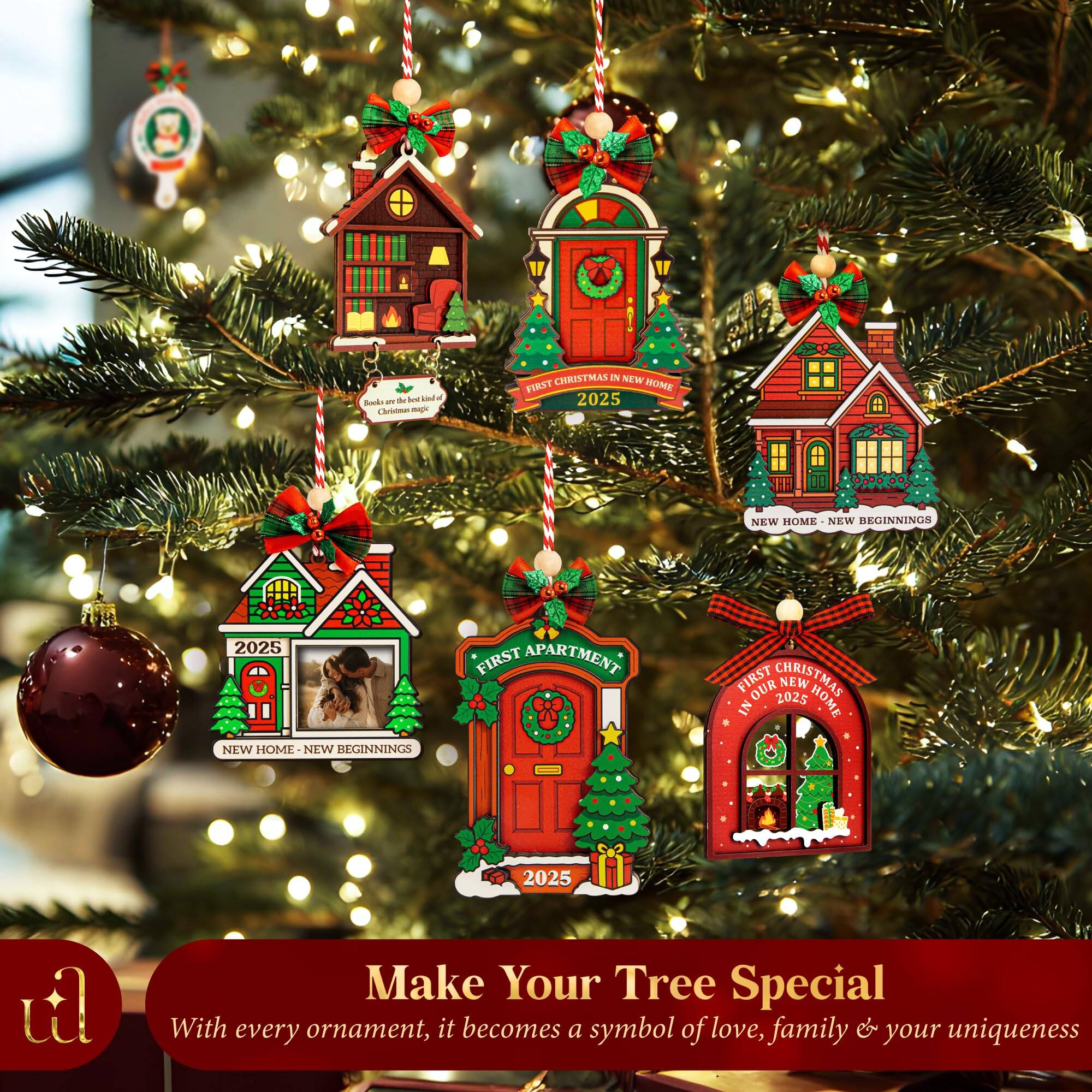 Sure, here is the corrected and grouped text from the image:

---

**Bockos - d Nee sa Chriomes - CHRISTMAS I NEW FIRST HOME 2025 NEW HOME NEW BEGINNINGS 2025 FIRST APARTMENT FIRST OUR CHRISTMAS 2025 NEW IN HOME NEW HOME NEW BEGINNINGS 2025**

**Make Your Tree Special**

With every ornament, it becomes a symbol of love, family & your uniqueness

---

**Ornaments:**

1. **Bockos - d Nee sa Chriomes - CHRISTMAS I NEW FIRST HOME 2025**
   - NEW HOME - NEW BEGINNINGS

2. **FIRST CHRISTMAS IN NEW HOME 2025**
   - NEW HOME - NEW BEGINNINGS

3. **FIRST APARTMENT**
   - 2025

4. **FIRST CHRISTMAS IN FOURTH HOME 2025**

5. **2025**
   - NEW HOME - NEW BEGINNINGS

---

**Make Your Tree Special**

With every ornament, it becomes a symbol of love, family & your uniqueness

---