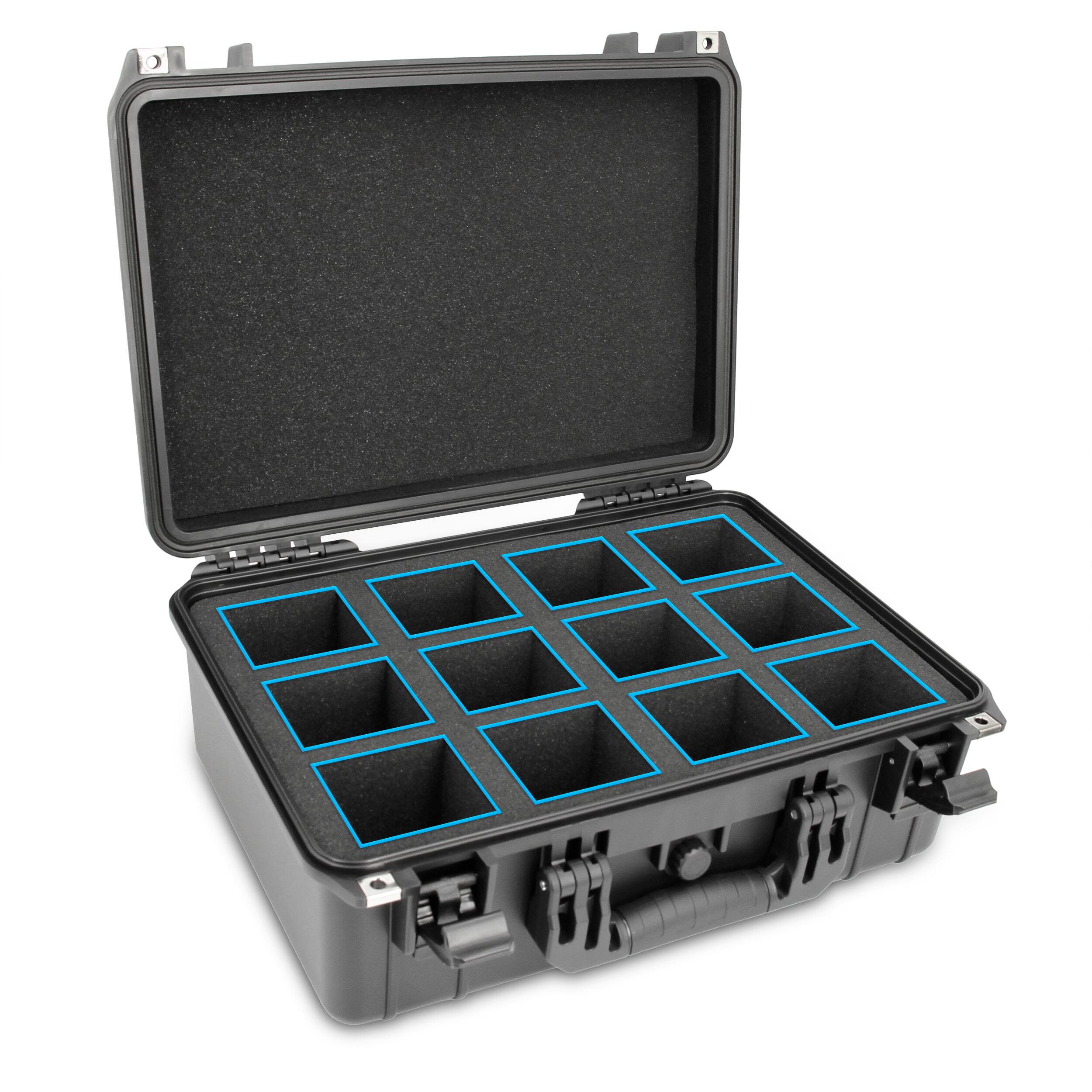 Back. CASEMATIX - 12-Battery Hard Case for Milwaukee M18 Batteries, Waterproof Drill Battery Storage Tool Case with Custom Compartments.