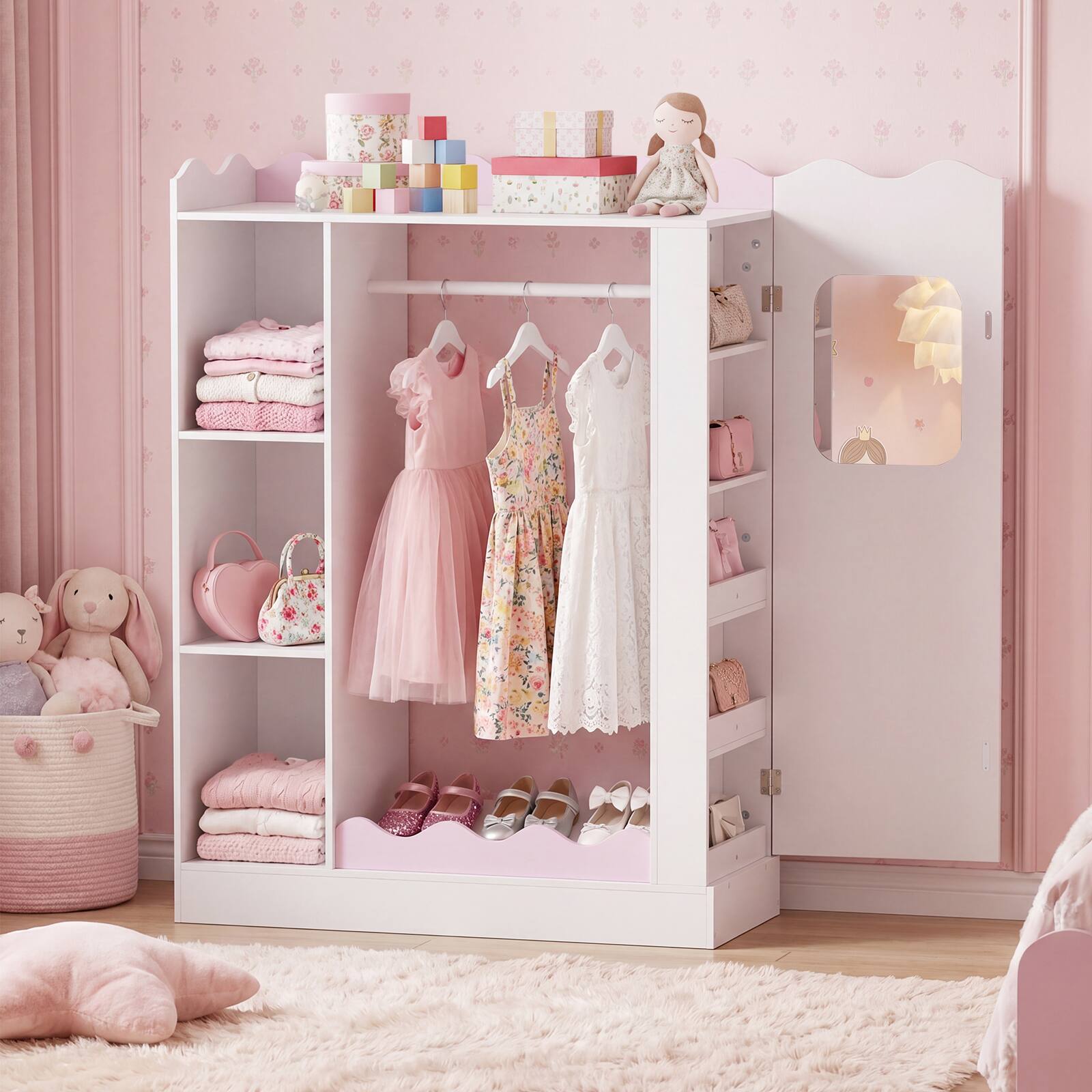 Alt View 4. Costway - Costway Kids Dress Up Storage with Mirrors, Children Wardrobe Closet with Open Hanging Rack - Pink.