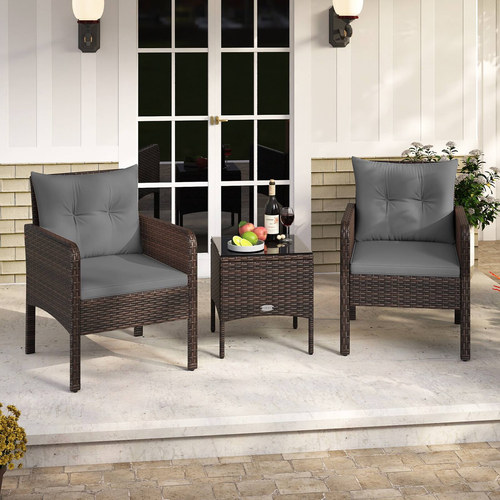 Alt View 3. Gymax - Gymax Set of 3 Outdoor Patio PE Wicker Furniture Set w/Cushions & Tempered Glass Coffee Table Gray - Gray.