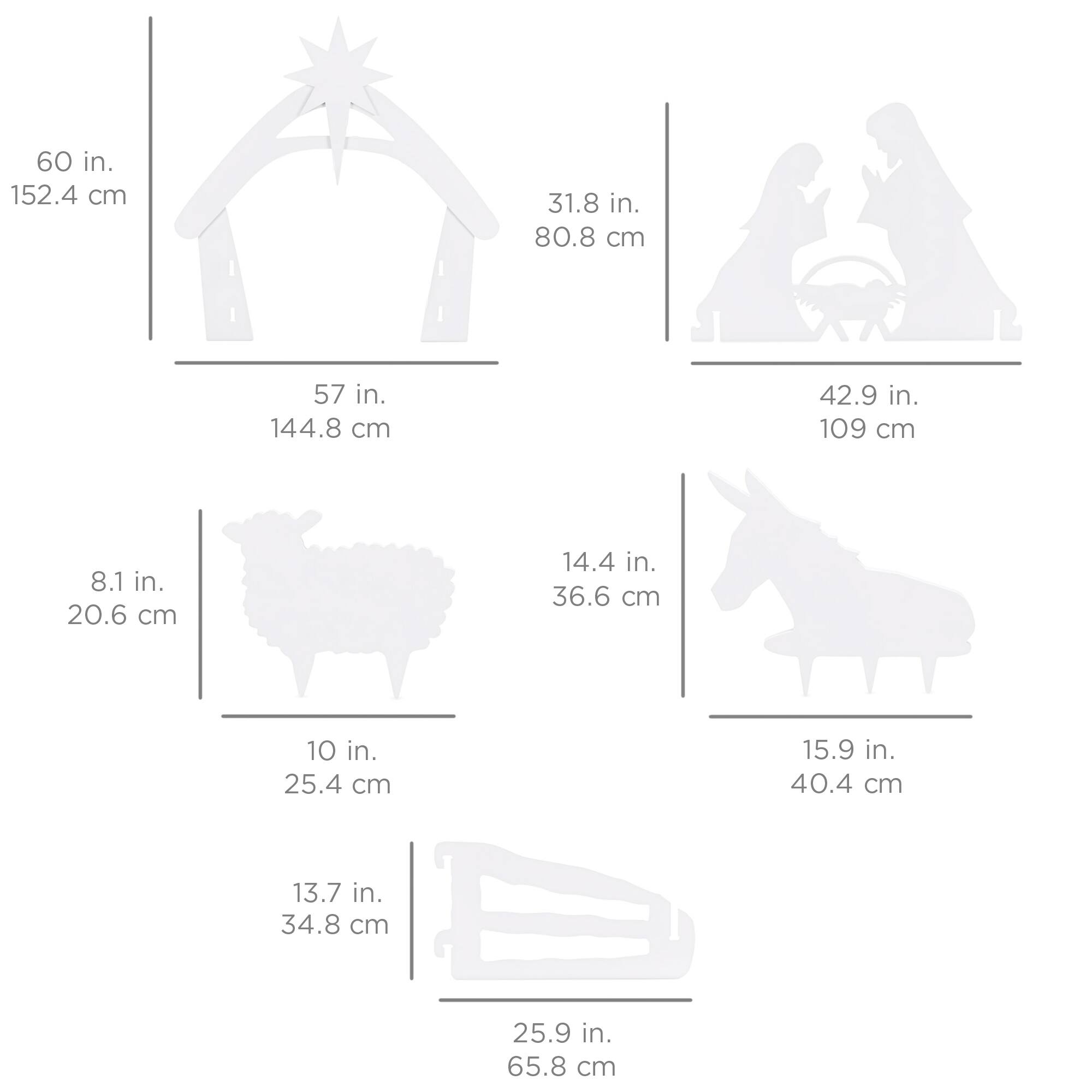 - 60 in. 152.4 cm
- 57 in. 144.8 cm
- 31.8 in. 80.8 cm
- 42.9 in. 109 cm
- 8.1 in. 20.6 cm
- 10 in. 25.4 cm
- 14.4 in. 36.6 cm
- 15.9 in. 40.4 cm
- 13.7 in. 34.8 cm
- 25.9 in. 65.8 cm