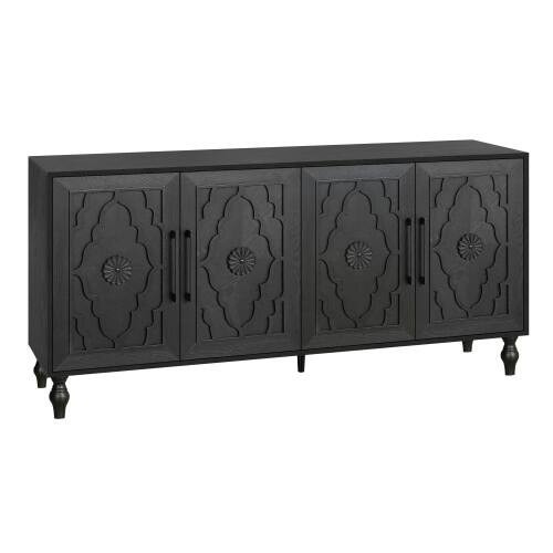Alt View 5. LUCKY ONE - Freestanding Large Storage Cabinet with Carved Flower Door Metal Handle for Living Room Kitchen Entryway - Black.