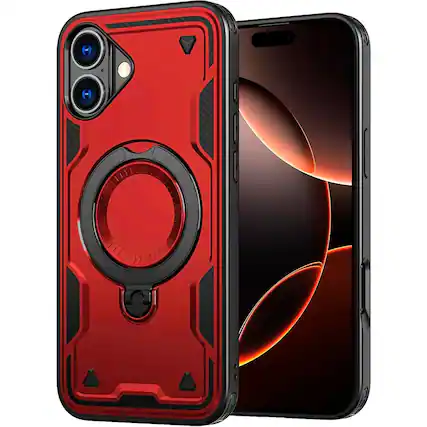 Front. Entronix - Entronix Magnetic Case for iPhone 16 Plus - Rugged Armor with Built-in Kickstand - Red.