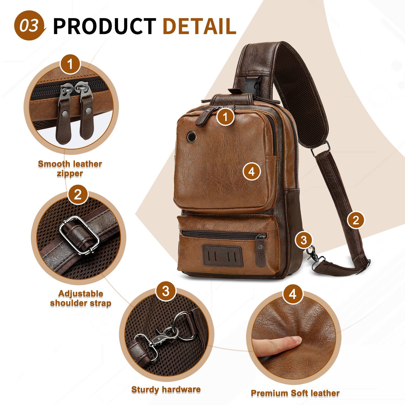 03 PRODUCT DETAIL

1. Smooth leather zipper
2. Adjustable shoulder strap
3. Sturdy hardware
4. Premium Soft leather