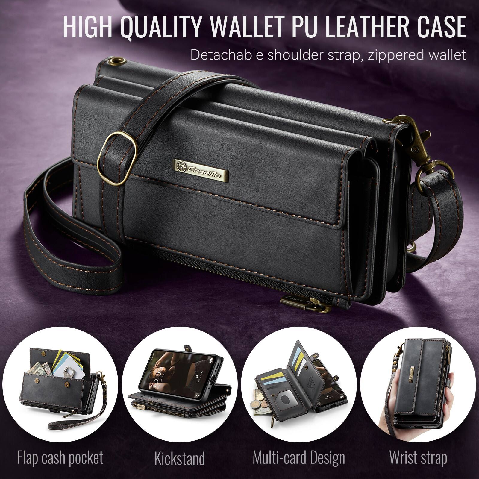 HIGH QUALITY WALLET PU LEATHER CASE  
Detachable shoulder strap, zippered wallet  
Flap cash pocket  
Kickstand  
Multi-card Design  
Wrist strap