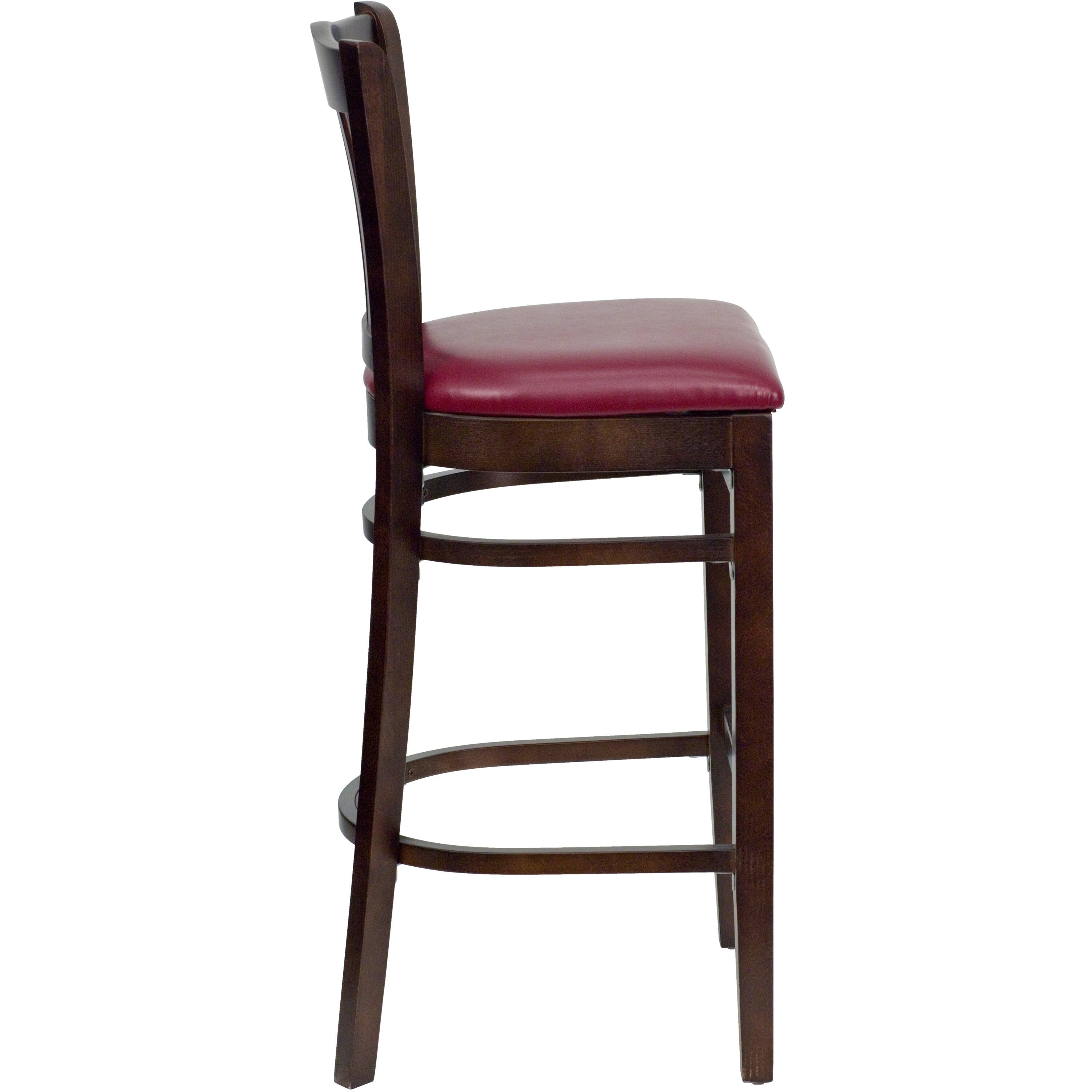 Alt View 4. Emma + Oliver - Vertical Slat Back Wooden Restaurant Dining Barstool - Burgundy Vinyl Seat/Walnut Wood Frame.