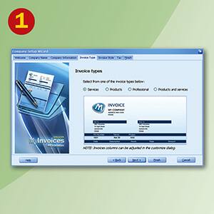 Sure, here is the corrected and grouped text:

---

**1. Setup Company Information**

**Invoice Types**

Select from one of the invoice types below:

- Services
- Products
- Professional
- Products and services

**INVOICE**

**NOTE:** Invoice colors can be adjusted in the custom invoice layout.

---

**Company Setup Wizard**

**Invoice Types**

Select from one of the invoice types below:

- Services
- Products
- Professional
- Products and services

**INVOICE**

**NOTE:** Invoice colors can be adjusted in the custom invoice layout.

---

**M Invoices**