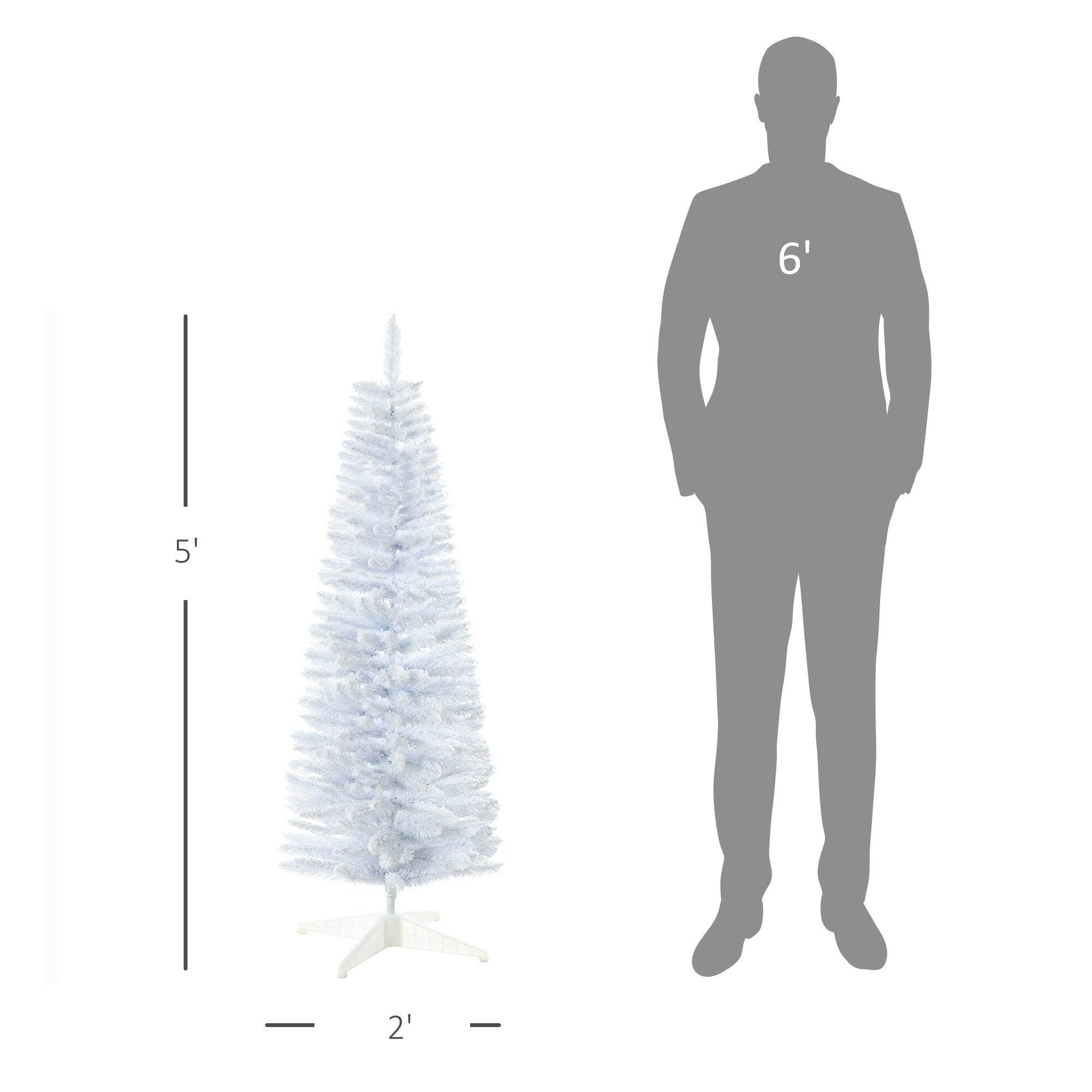 Left. BreeBe - 5 ft Snow Flocked Artificial Pencil Christmas Tree - White.