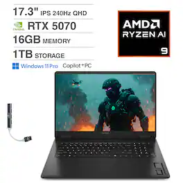 HP - OMEN Laptop 17.3 QHD (AMD Ryzen AI 9 365, 16GB DDR5, 1TB PCIe SSD, GeForce RTX 5070, Win 11 Pro) w/USB Hub