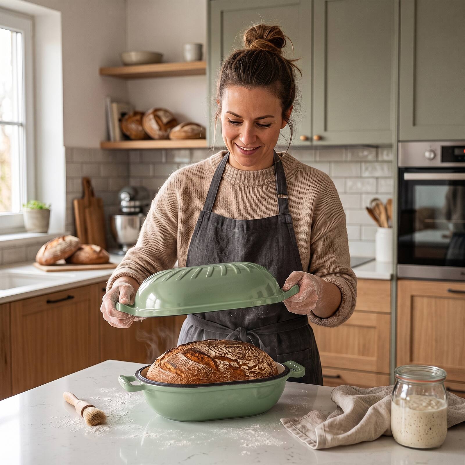 Left. Winado - 5QT Candy Shaped Enameled Cast Iron Oval Dutch Oven with Lid, Heat-Resistant Gloves, Pot Mat for Baking Bread, Roasting - Sage Green.