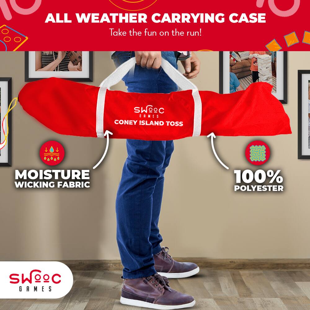 ALL WEATHER CARRYING CASE  
Take the fun on the run!  

MOISTURE WICKING FABRIC  
100% POLYESTER  

SWOOC GAMES  
CONEY ISLAND TOSS