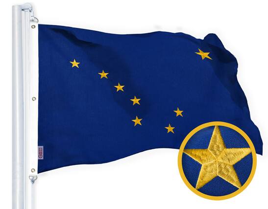 Front. G128 - Alaska State Flag 5 x 8 ft Embroidered Spun Polyester Heavy Duty Brass Grommets - Assorted Colors.
