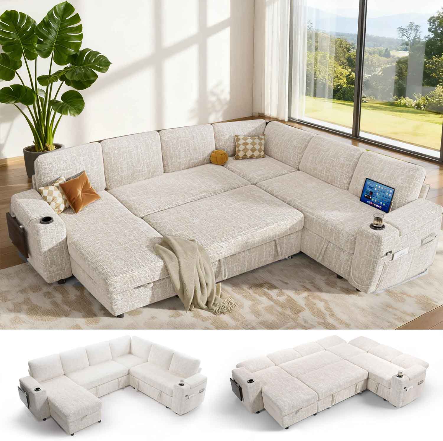Front. Dyonery - Dyonery 110" Modular Sectional Sleeper Sofa with Pull Out Bed, 7 Seat L Shaped with Reclining Backrest,Chenille Beige - Beige.