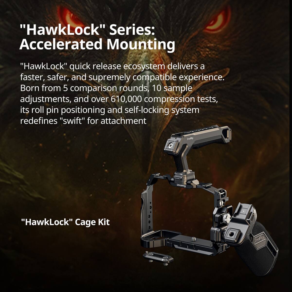 "HawkLock" Series: Accelerated Mounting

"HawkLock" quick release ecosystem delivers a faster, safer, and supremely compatible experience. Born from 5 comparison rounds, 10 sample adjustments, and over 610,000 compression tests, its roll pin positioning and self-locking system redefines "swift" for attachment

"HawkLock" Cage Kit
