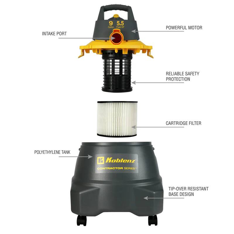 - INTAKE PORT
- 9.5 Gallon
- POWERFUL MOTOR
- RELIABLE SAFETY PROTECTION
- CARTRIDGE FILTER
- POLYETHYLENE TANK
- TIP-OVER RESISTANT BASE DESIGN
- Koblenz CONTRACTOR SERIES