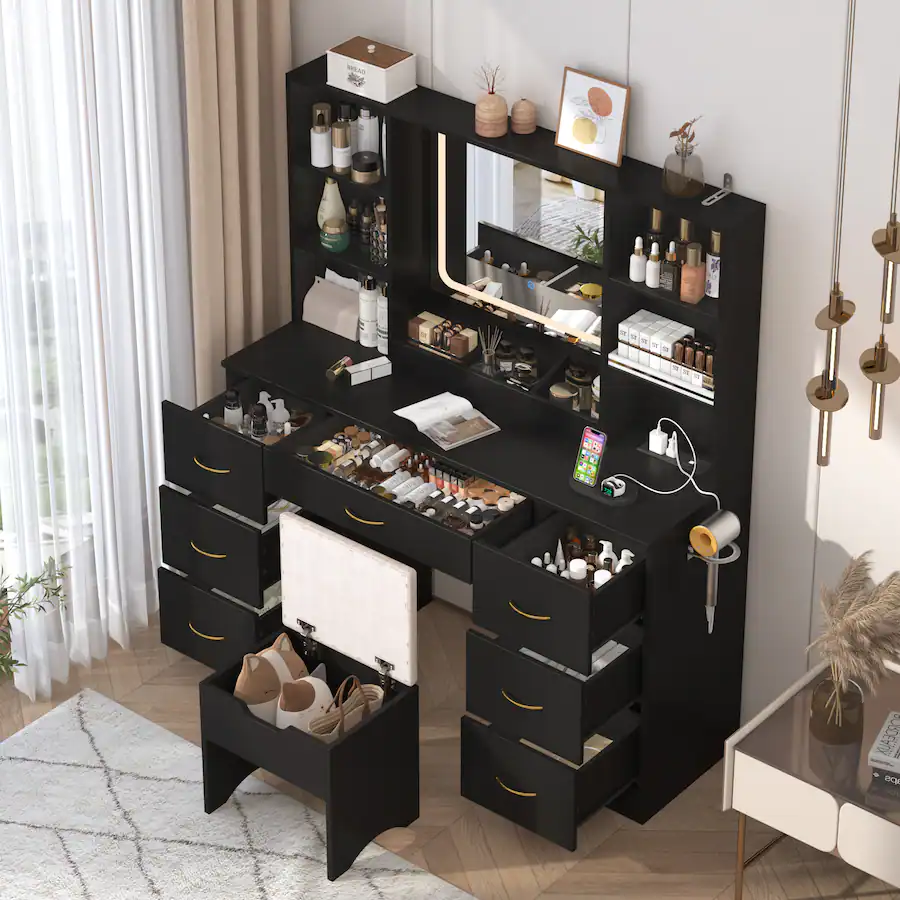 Espafurni 47 Bedroom Vanity Desk 7 Drawers 6 Shelves Cushion Stool espafurni-47-bedroom-vanity-desk-7-drawers-6-shelves-cushion-stool