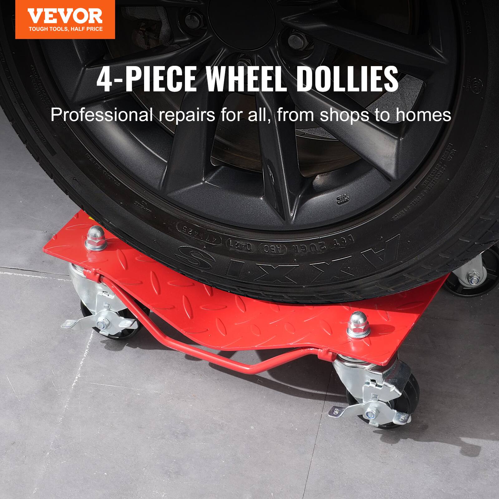 VEVOR  
TOUGH TOOLS, HALF PRICE  

4-PIECE WHEEL DOLLIES  
Professional repairs for all, from shops to homes