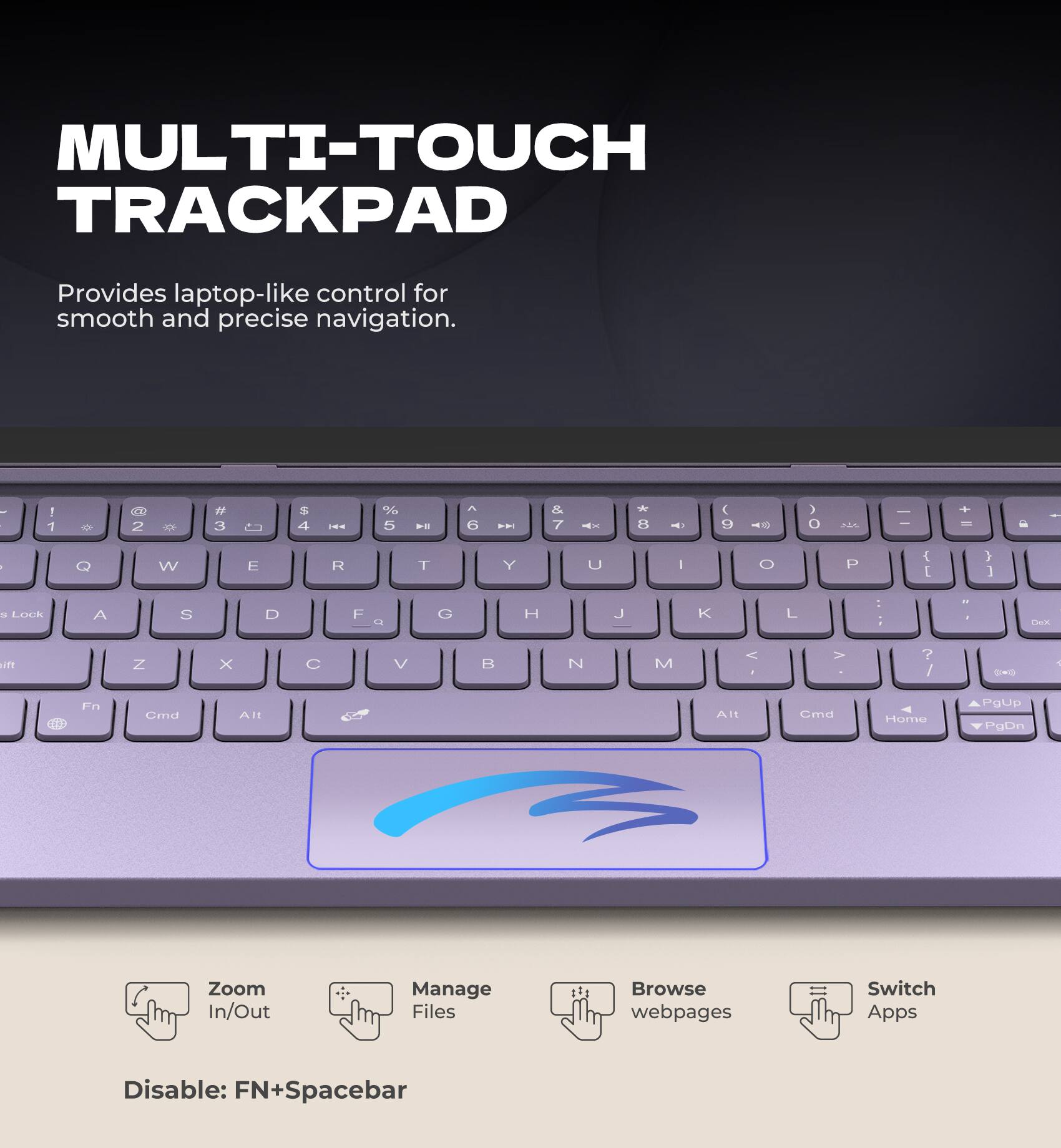 MULTI-TOUCH TRACKPAD  
Provides laptop-like control for smooth and precise navigation.  

1 2 3 4 5 6 7 8 9 0 - =  
Q W E R T Y U I O P { } |  
A S D F G H J K L : ;  
Z X C V B N M , . /  
Fn Cma Alt Alt Cmd Home PgUp PgDn  

Zoom In/Out  
Manage Files  
Browse webpages  
Switch Apps  

Disable: FN+Spacebar