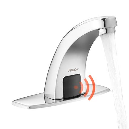 Front. VEVOR - Touchless Bathroom Sink Faucet, Automatic Motion Sensor Restroom Toilet Faucet with Hole Cover Plate, Battery Operated - Silver.
