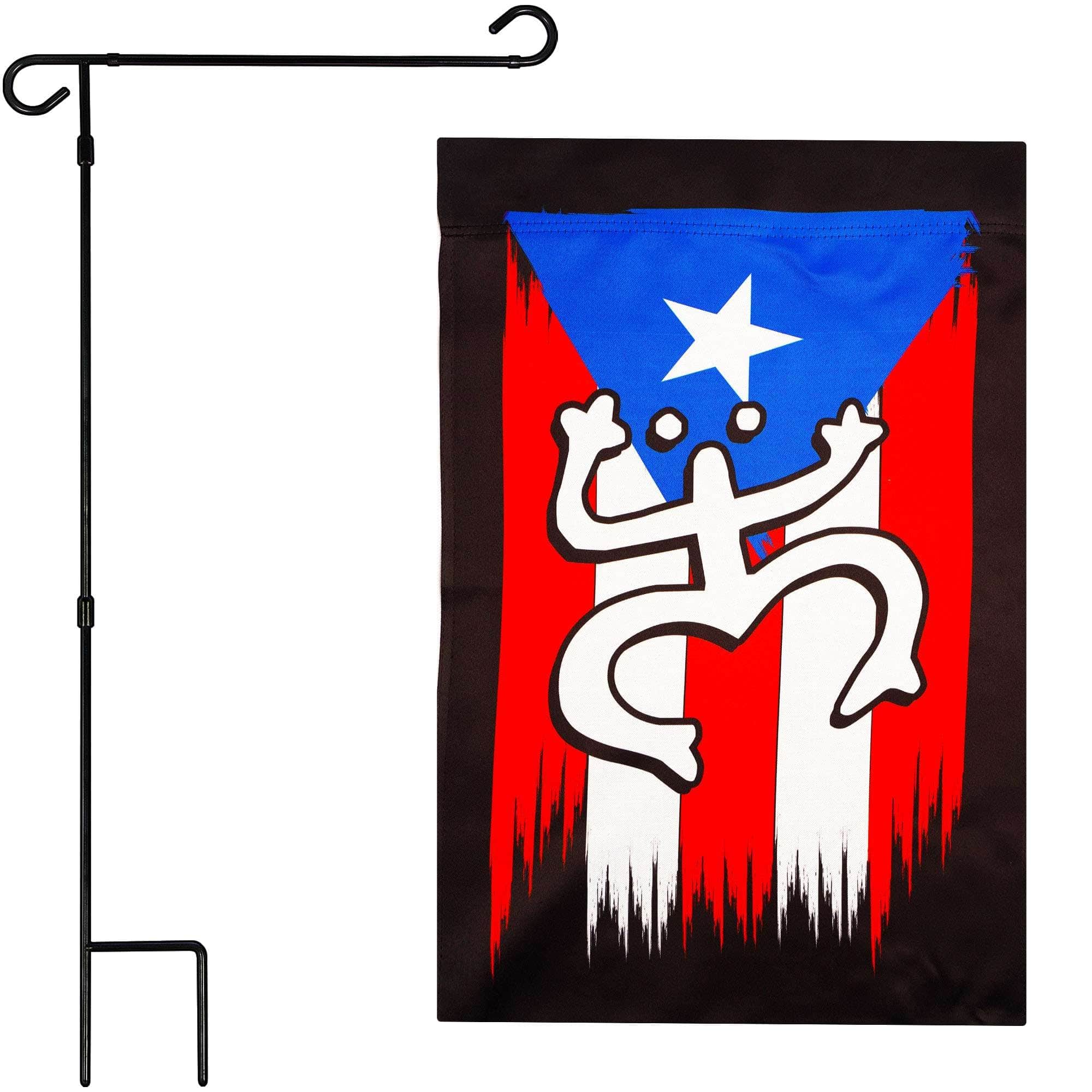 G128 - 36x16IN Garden Flag Stand & 12x18 Puerto Rico Coqui Frog Flag Kit - Red, Blue, White, Black