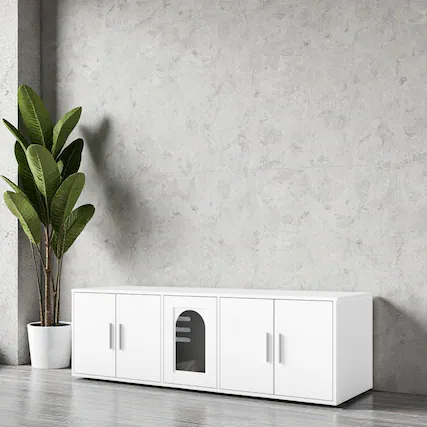 Front. BreeBe - Cat Litter Box House for Multiple Cats with Dual Spaces and Sisal Mat - White.