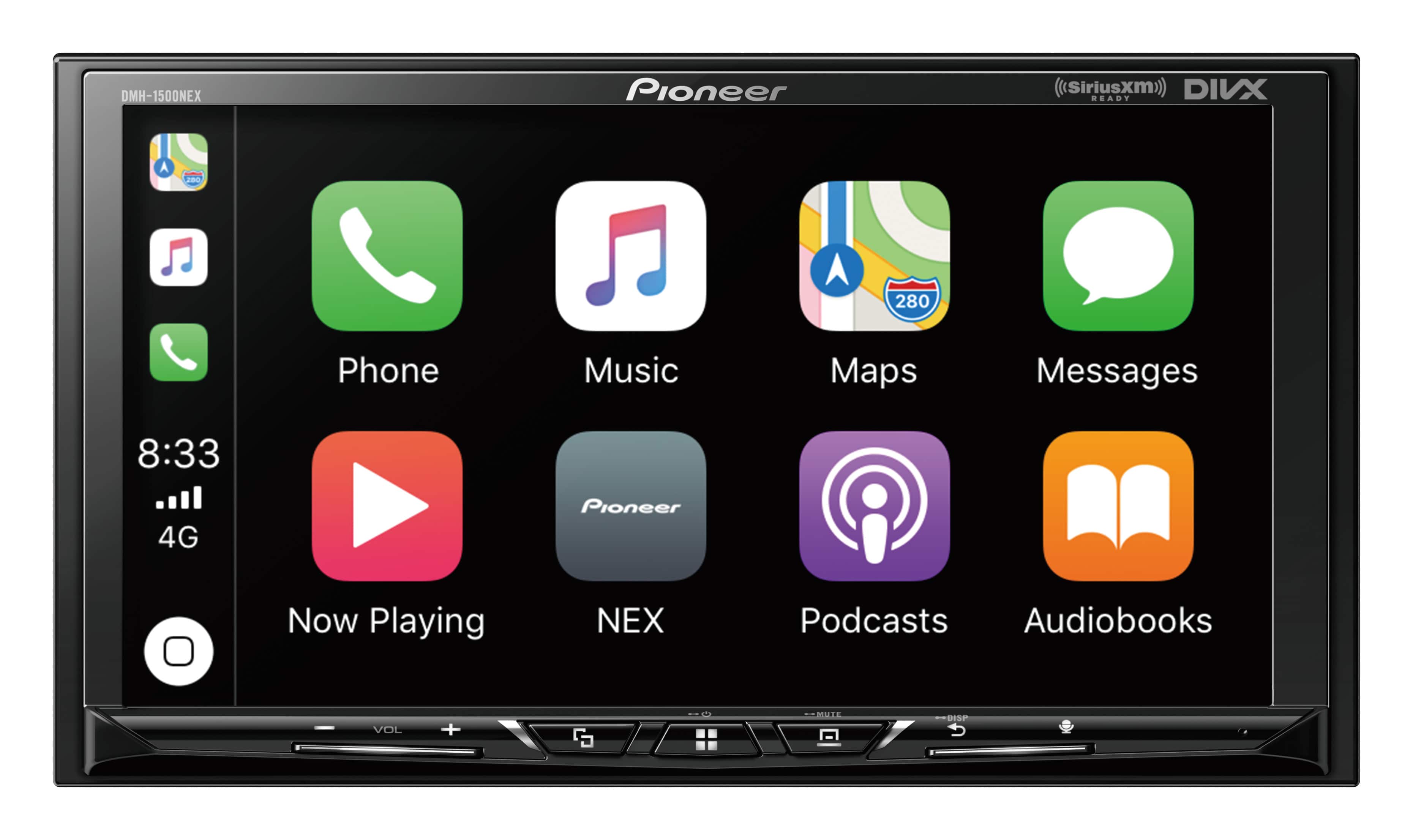 DMH-1500NEX Pioneer ((SiriusXM) DIVX READY A Fe 280 Phone Music Maps Messages 8:33 4G Pioneer Now Playing NEX Podcasts Audiobooks VOL + ILLE DISP
