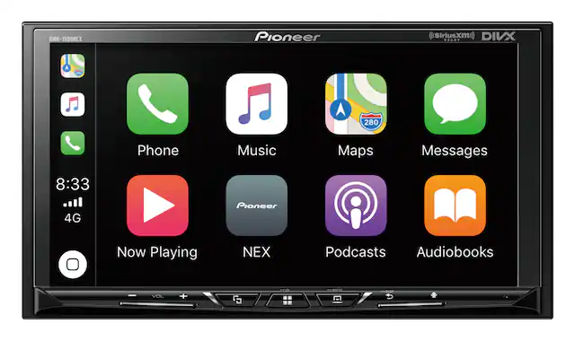 DMH-1500NEX Pioneer ((SiriusXM) DIVX READY A Fe 280 Phone Music Maps Messages 8:33 4G Pioneer Now Playing NEX Podcasts Audiobooks VOL + ILLE DISP