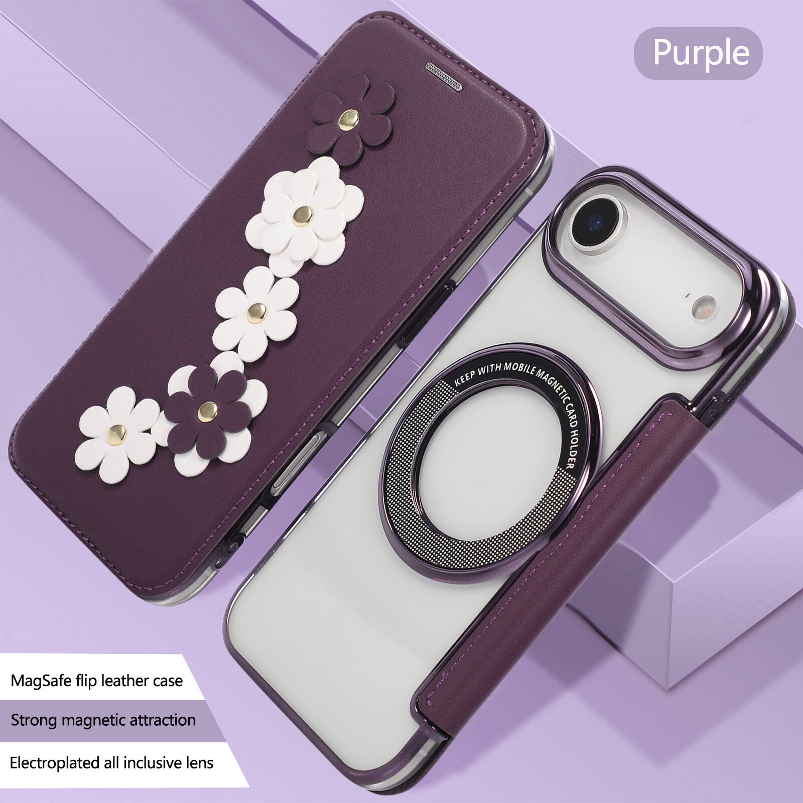Purple  
MagSafe flip leather case  
Strong magnetic attraction  
Electroplated all inclusive lens  

KEEP WITH MOBILE MAGNETIC CARD HOLDER