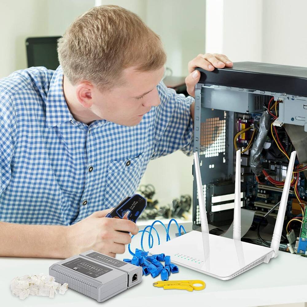 Front. ACJPR - RJ45 Crimping Tool Kit for Cat5e/Cat6, Pass-Through, Includes Tester.