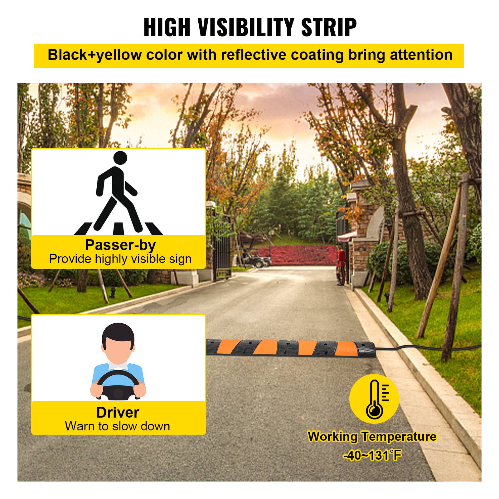 HIGH VISIBILITY STRIP
Black+yellow color with reflective coating bring attention
Passer-by
Provide highly visible sign
Driver
Warn to slow down
Working Temperature -40~131F