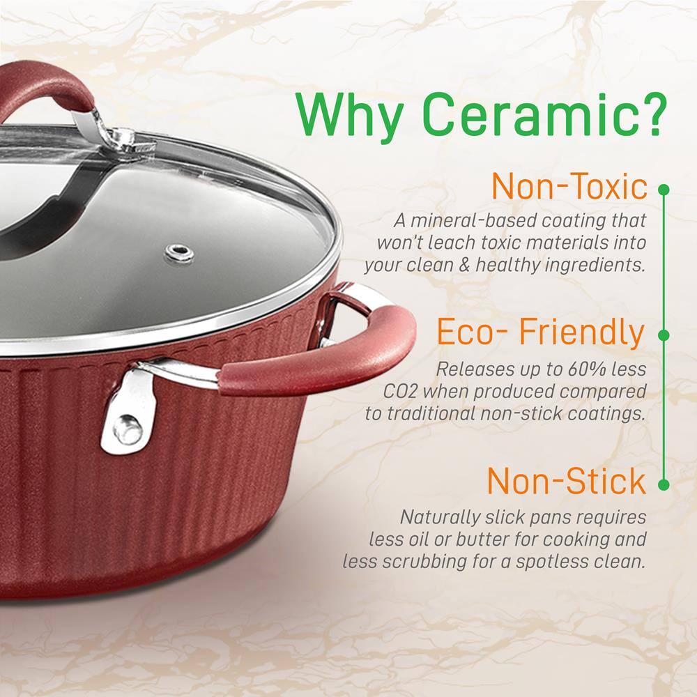 Why Ceramic?

- Non-Toxic  
  A mineral-based coating that won't leach toxic materials into your clean & healthy ingredients.

- Eco-Friendly  
  Releases up to 60% less CO2 when produced compared to traditional non-stick coatings.

- Non-Stick  
  Naturally slick pans require less oil or butter for cooking and less scrubbing for a spotless clean.