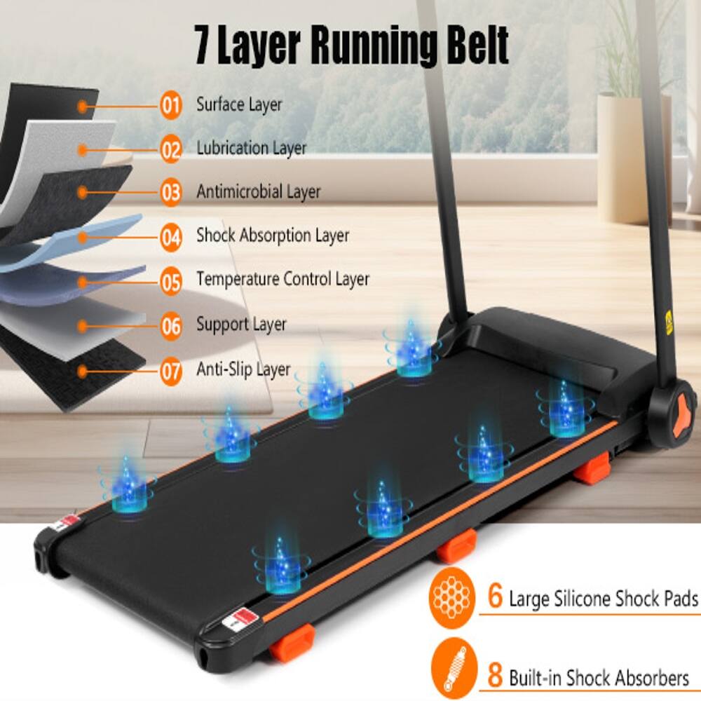 7 Layer Running Belt  
01 Surface Layer  
02 Lubrication Layer  
03 Antimicrobial Layer  
04 Shock Absorption Layer  
05 Temperature Control Layer  
06 Support Layer  
07 Anti-Slip Layer  
6 Large Silicone Shock Pads  
8 Built-in Shock Absorbers