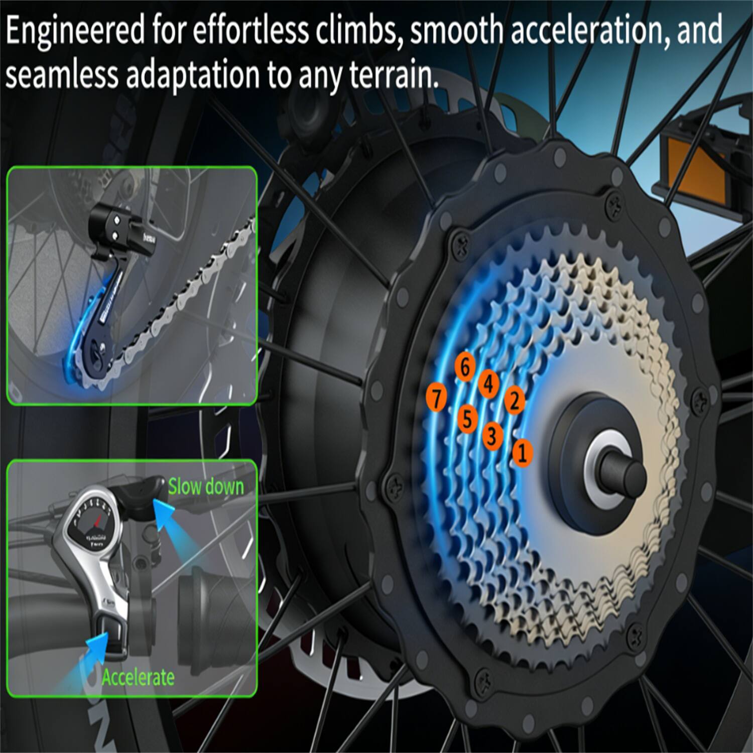 Engineered for effortless climbs, smooth acceleration, and seamless adaptation to any terrain.

Slow down 7 6 5 4 3 2 1 Accelerate