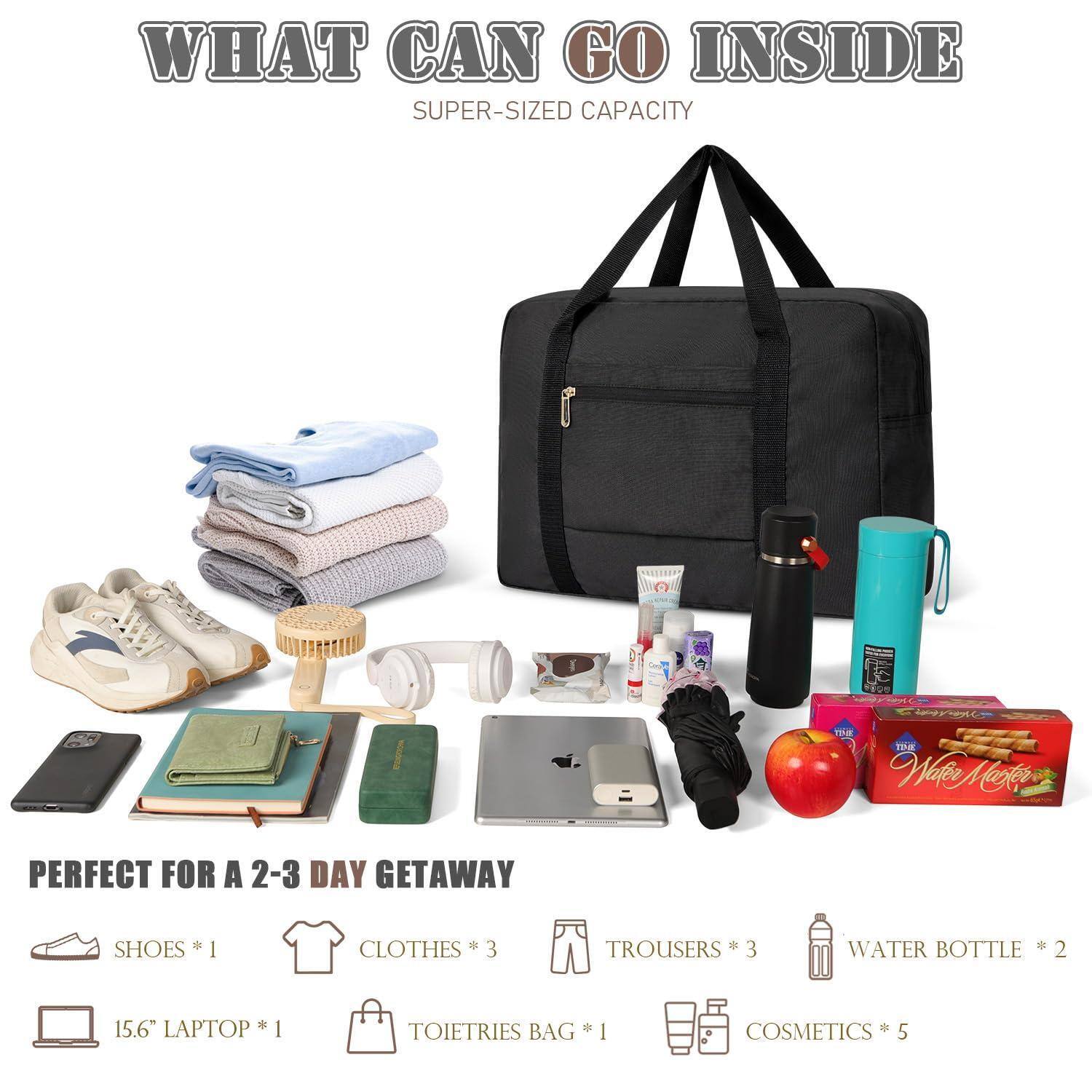 **WHAT CAN GO INSIDE**  
SUPER-SIZED CAPACITY

---

**PERFECT FOR A 2-3 DAY GETAWAY**

- SHOES *1
- CLOTHES *3
- TROUSERS *3
- 15.6" LAPTOP *1
- TOIETRIES BAG *1
- COSMETICS *5
- WATER BOTTLE *2