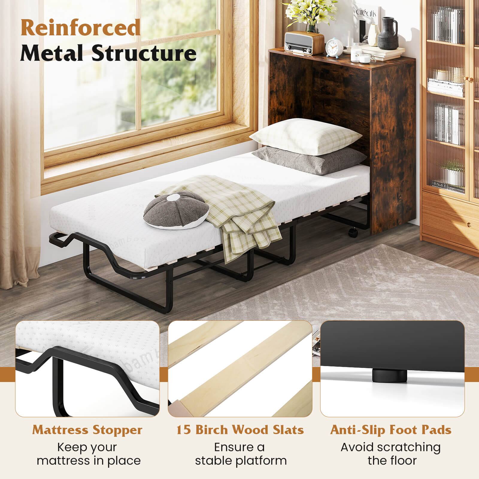 Reinforced Metal Structure

- Mattress Stopper: Keep your mattress in place
- 15 Birch Wood Slats: Ensure a stable platform
- Anti-Slip Foot Pads: Avoid scratching the floor