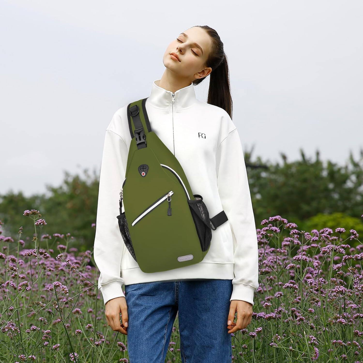 Alt View 5. mosiso - Sling Backpack Multipurpose Crossbody Shoulder Bag Travel Hiking Daypack - Army Green.