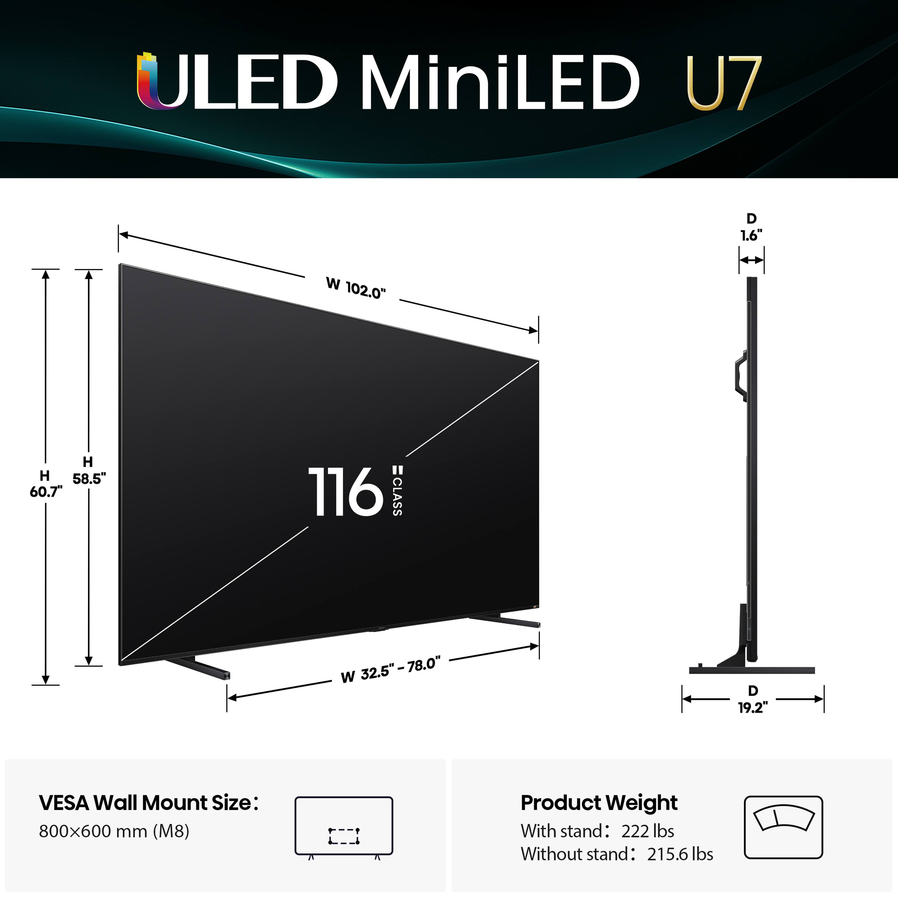 ULED MiniLED U7

D 1.6"
W 102.0"
H 58.5"
H 60.7"
116 CLASS
W 32.5"-78.0"
W D 19.2"
VESA Wall Mount Size: 800x600 mm (M8)

Product Weight
With stand: 222 lbs
Without stand: 215.6 lbs