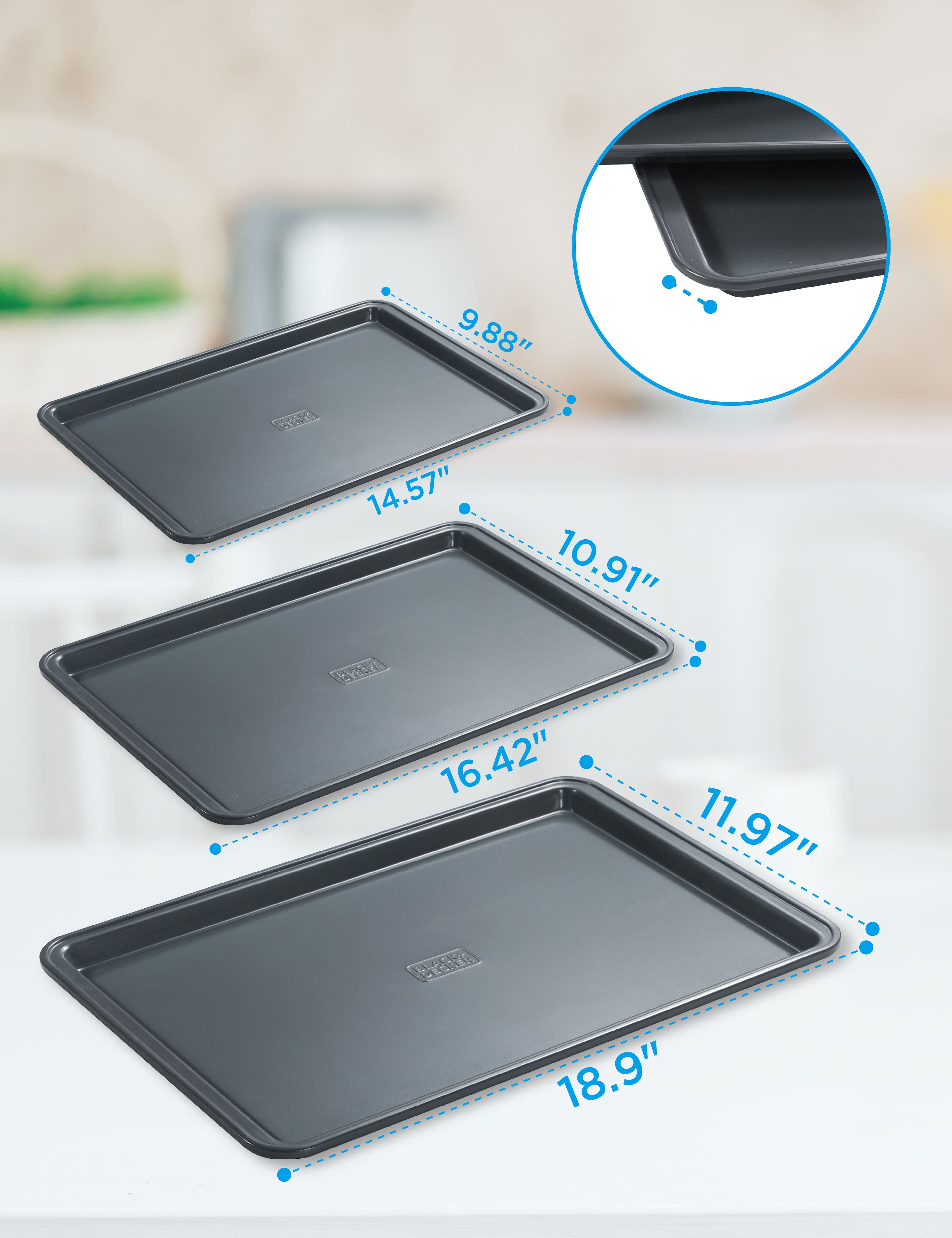 Black+Decker - 3-Piece Carbon Steel Baking Sheet Set, Includes 13”, 15”, 17” Cookie Sheets for Baking - Black - Thumbnail 4