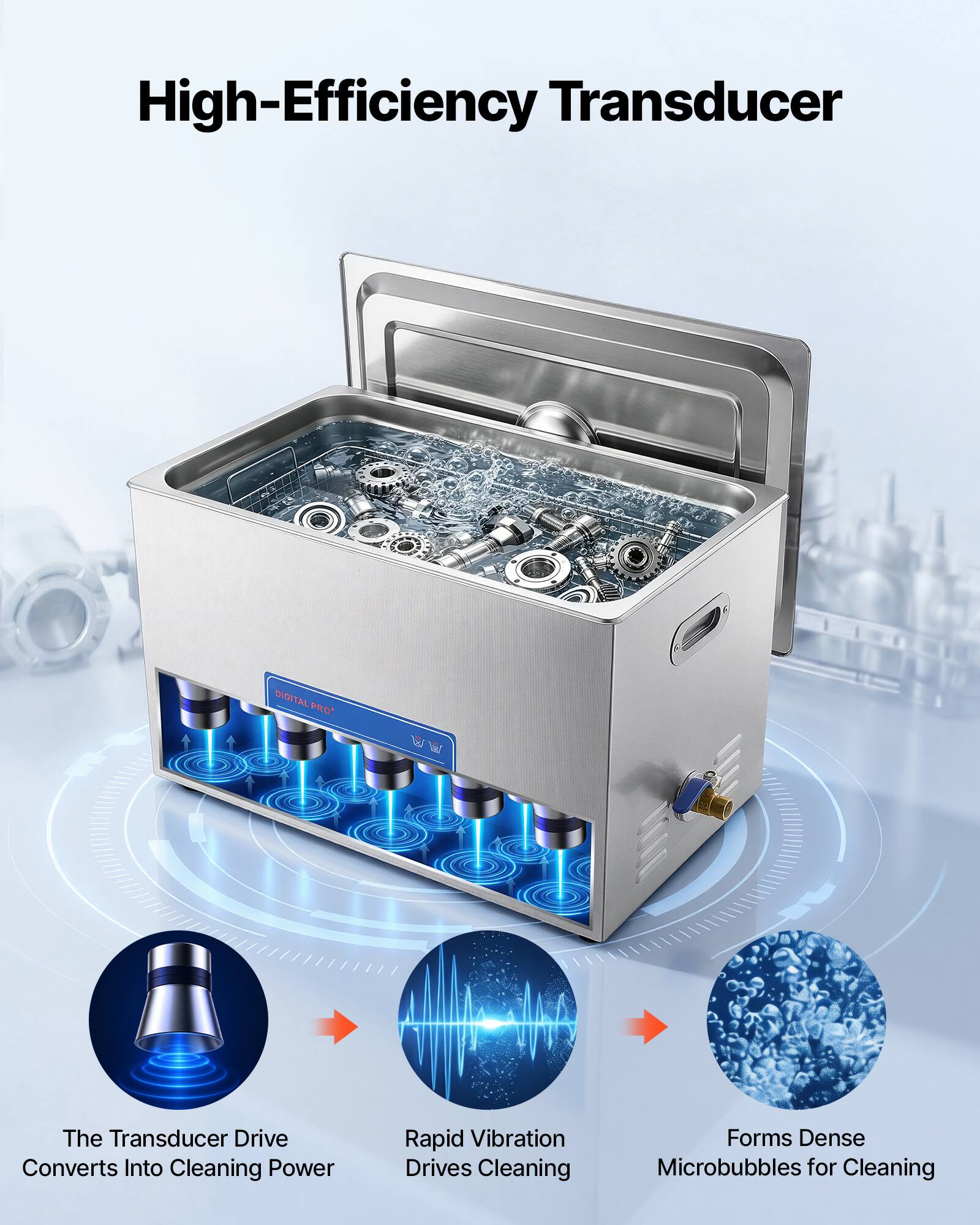 High-Efficiency Transducer DIGITALPRO FRD*  
The Transducer Drive Converts Into Cleaning Power  
Rapid Vibration Drives Cleaning  
Forms Dense Microbubbles for Cleaning